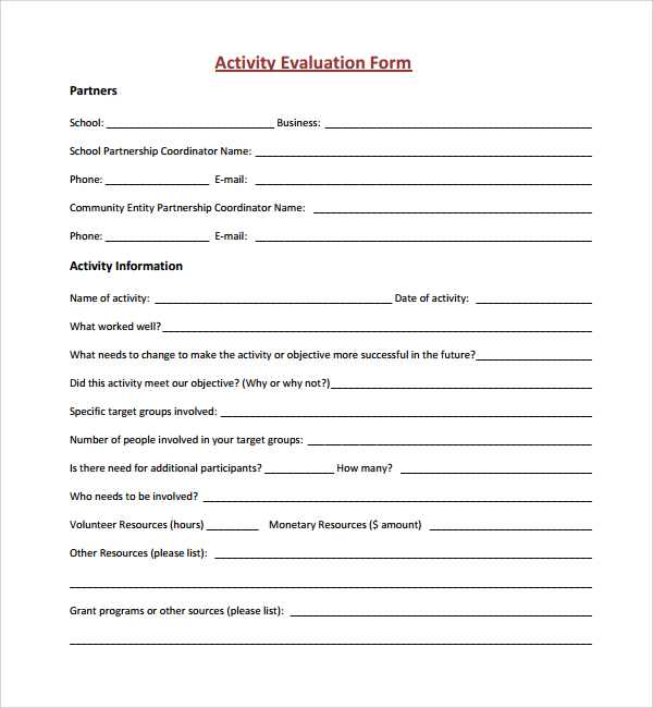 group activity evaluation form