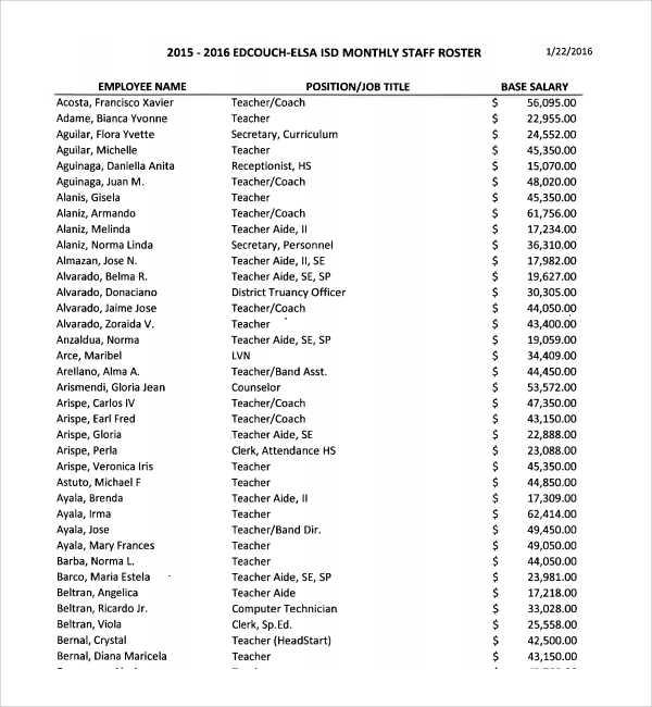 FREE 6 Sample Staff Roster Templates In PDF MS Word Excel