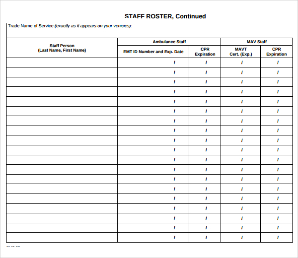 Free 7 Sample Staff Roster Templates In Pdf Ms Word Excel