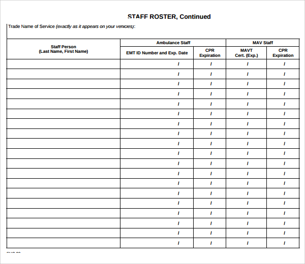 FREE 6+ Sample Staff Roster Templates in PDF MS Word Excel