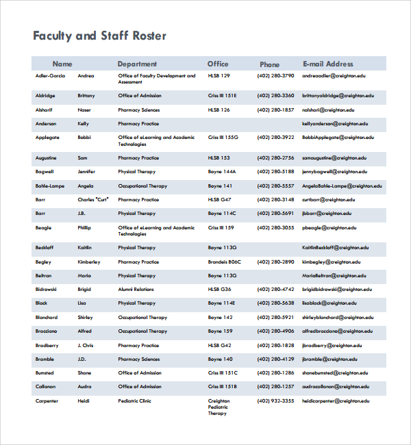 faculty and staff roster template