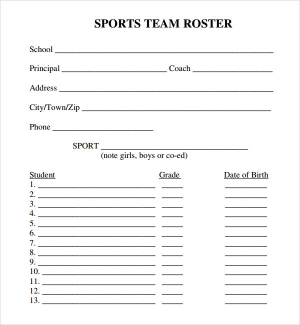 FREE 7+ Sample Sports Roster Templates in PDF MS Word