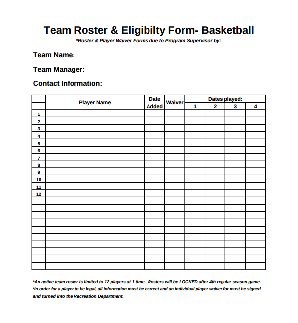 basketball team roster template