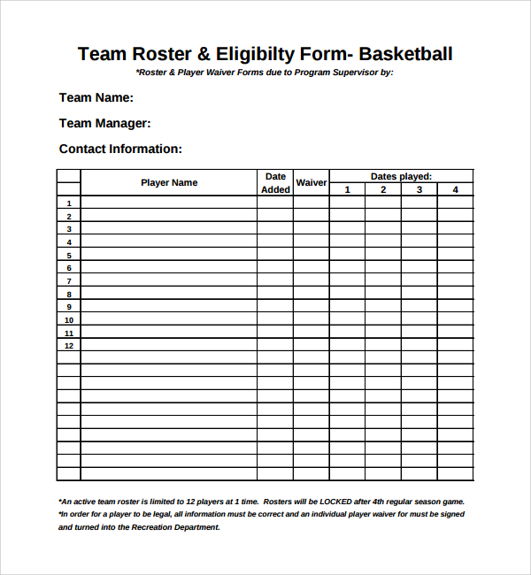 Printable Basketball Roster Template Printable Templates