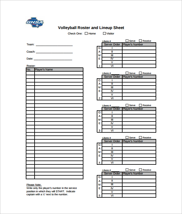 volleyball lineup roster template