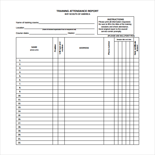 training attendance roster template