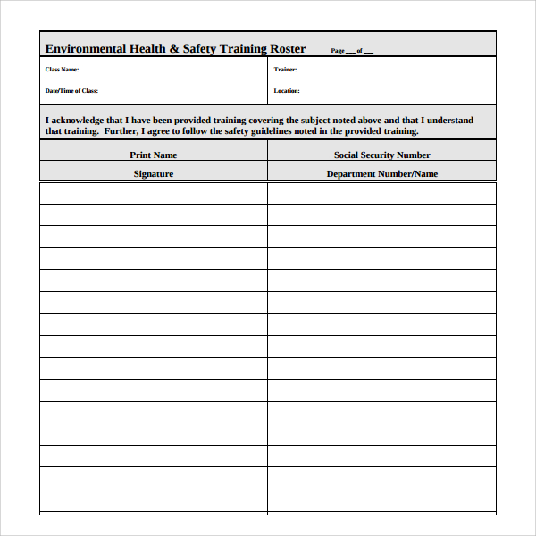 safety training roster template