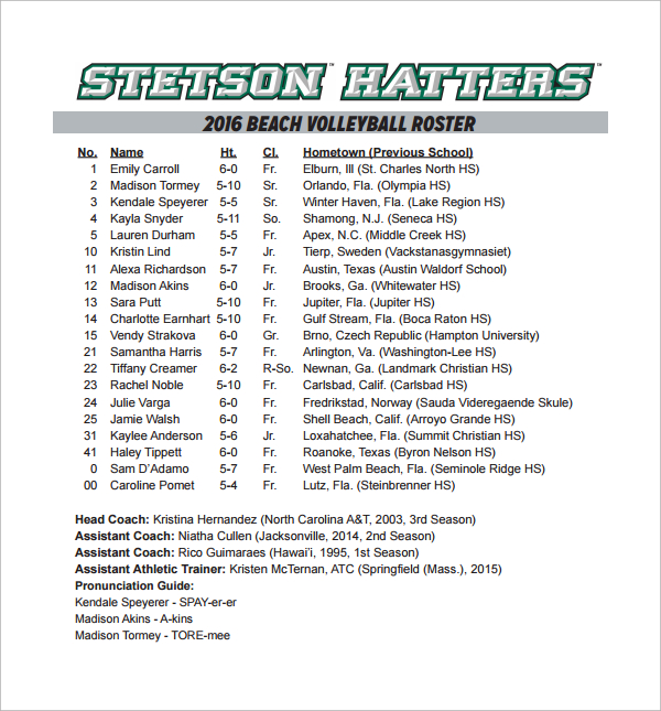 FREE 6+ Sample Volleyball Roster Templates in MS Word Google Docs