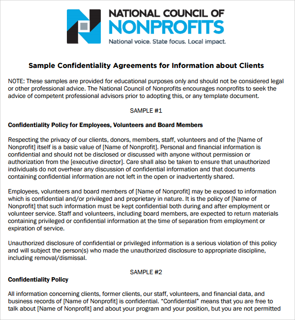 non profit volunteer confidentiality agreement templates