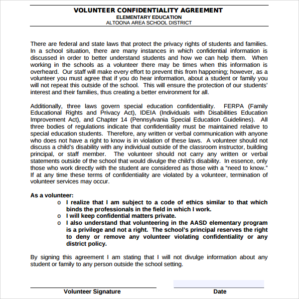 elementary school volunteer confidentiality agreement template