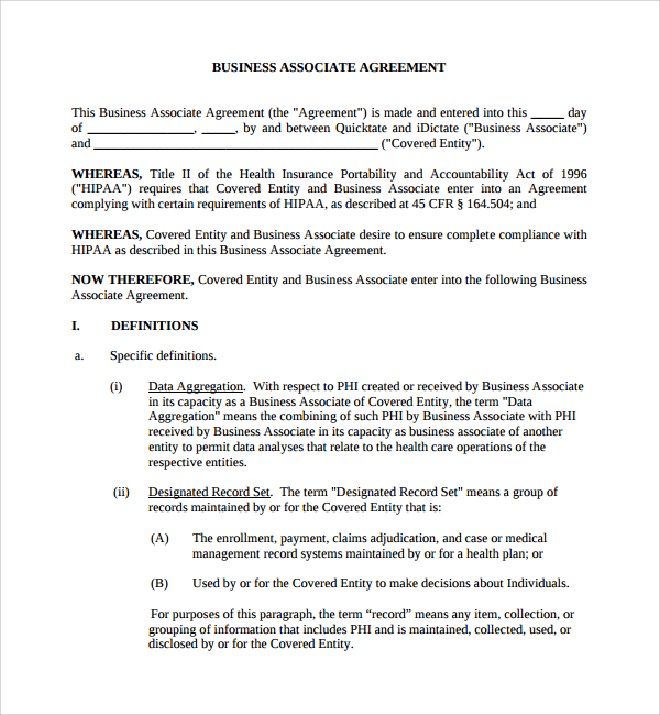 Business Associate Agreement Hipaa Template