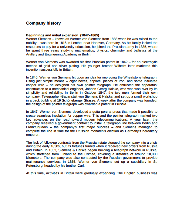 company history sample business plan