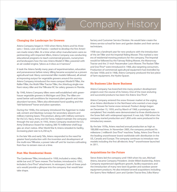company history sample business plan
