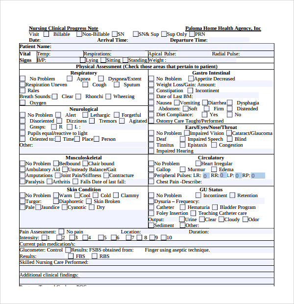 Sample Nursing Note Template