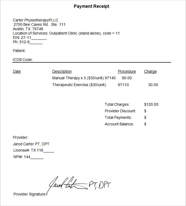 doctor payment receipt template