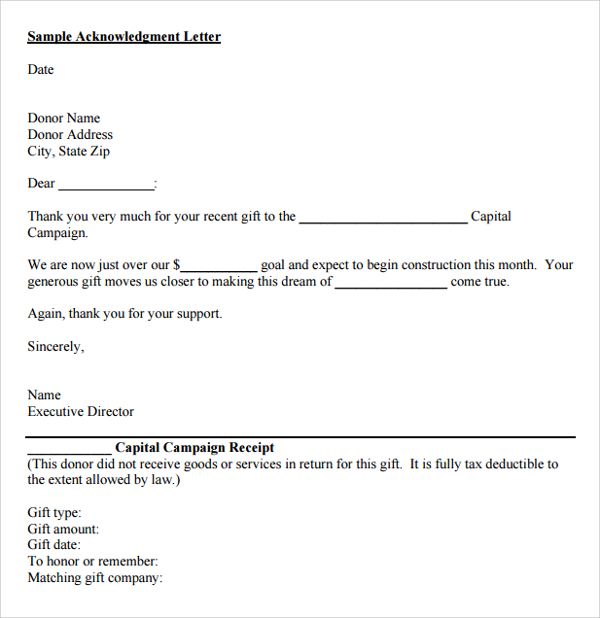 fundraiser donation letter receipt template
