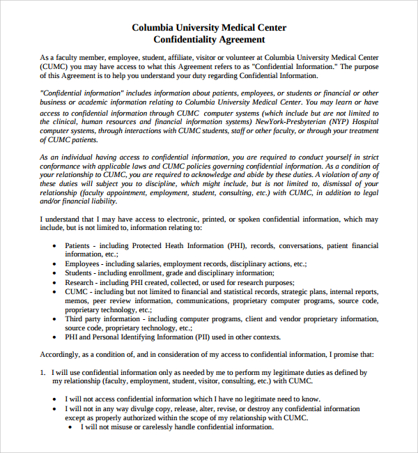 medical confidentiality agreement for employee