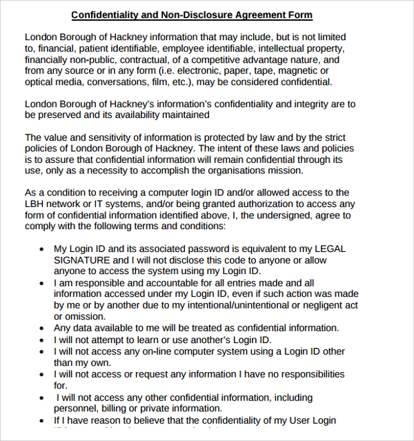 legal confidentiality non disclosure agreement form