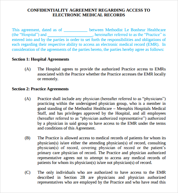 confidentiality agreement to medical record