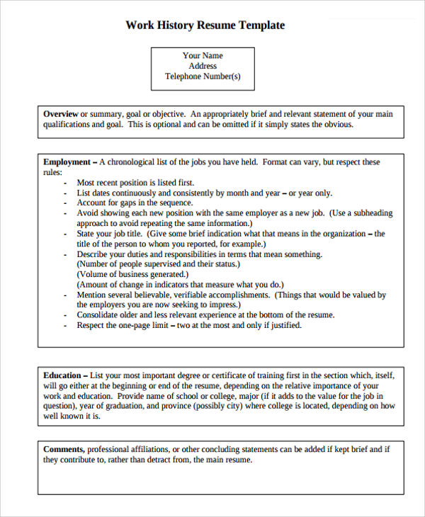 cv resume work history template