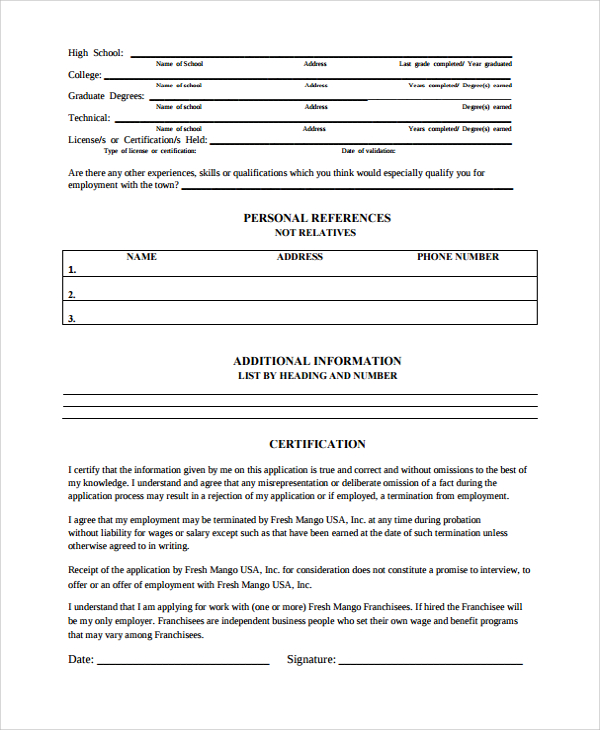 employment work history form template