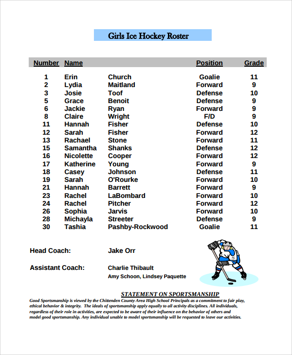 FREE 7+ Sample Hockey Roster Templates in MS Word PDF