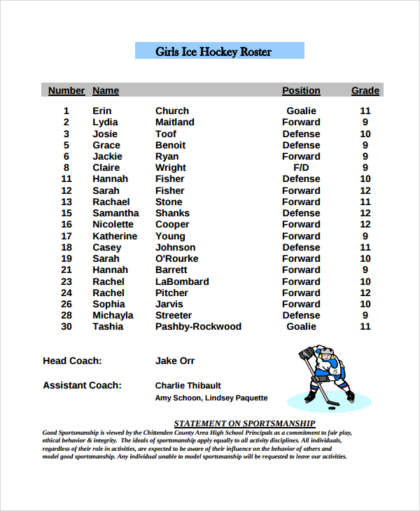 FREE 7 Sample Hockey Roster Templates In MS Word PDF