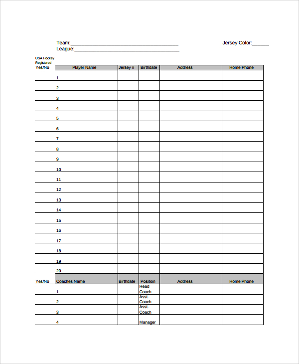 8 Hockey Roster Templates Sample Templates