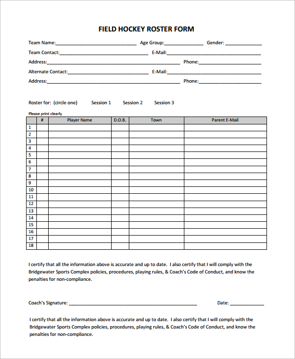 field hockey roster template