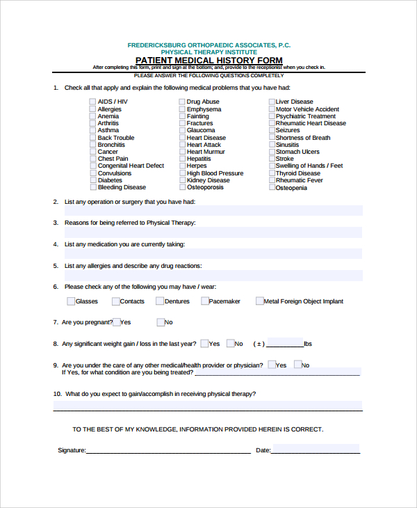 patient medical history form template