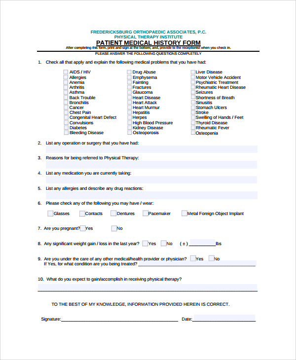 FREE 9  Sample Medical History Templates in PDF MS Word