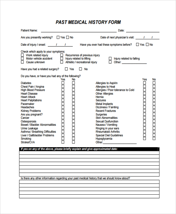 past medical history form template