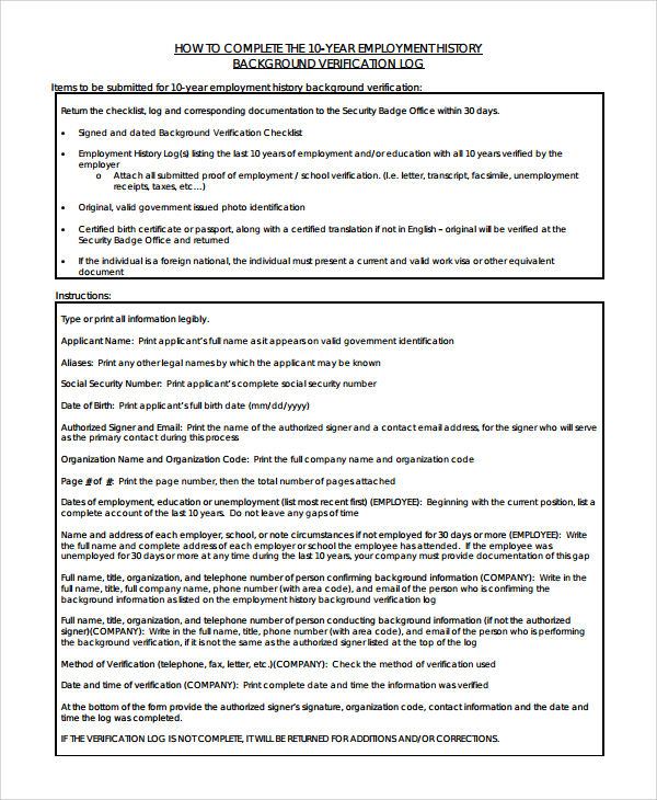 10 year employment history template