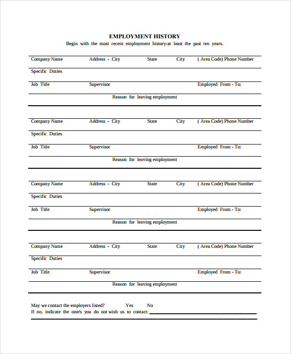 Employment History Form Template