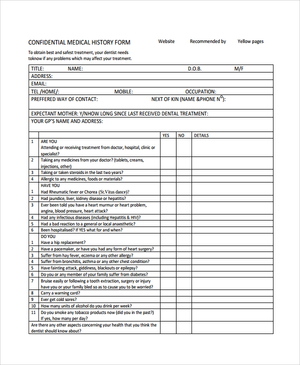 confidential medical history form template