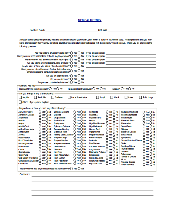 Medical History Template Word