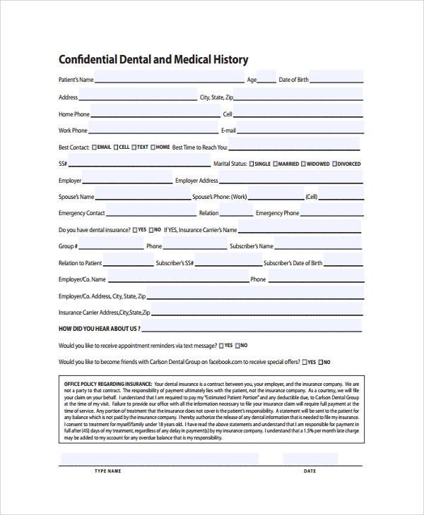 confidential dental medical history template