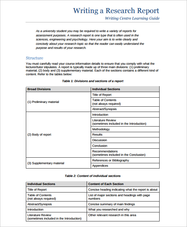 research work report format
