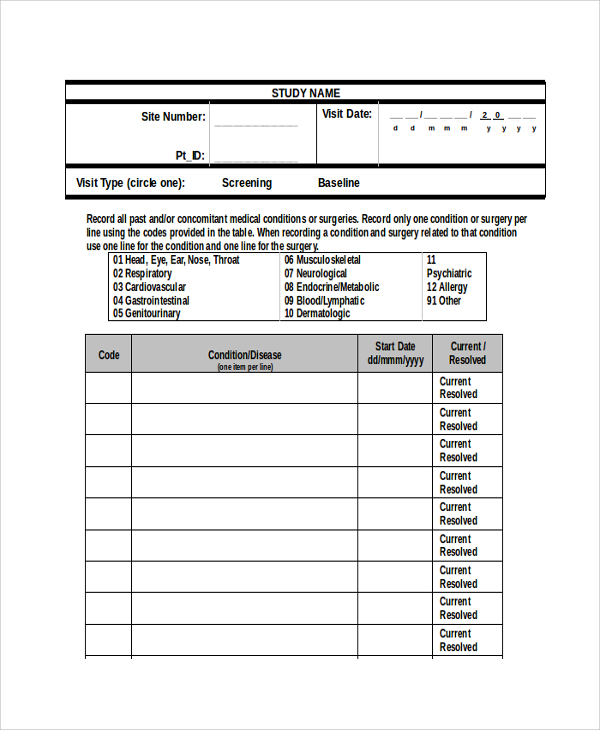 formal medical history template 