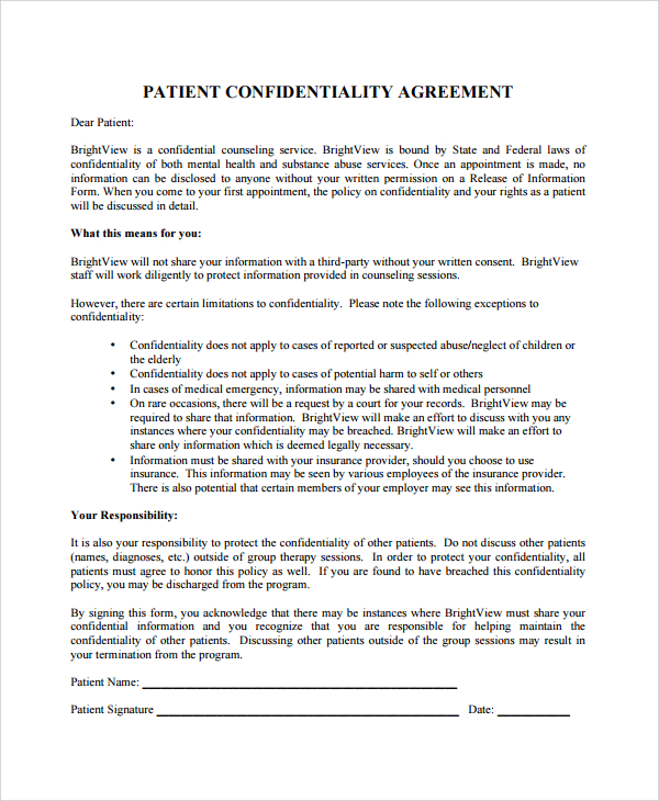 7+ Patient Confidentiality Agreements Sample Templates