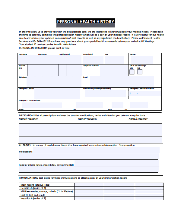 personal health history template