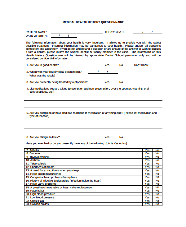 medical health history questionnaire