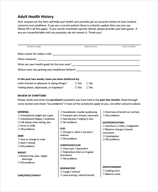 adult health history template