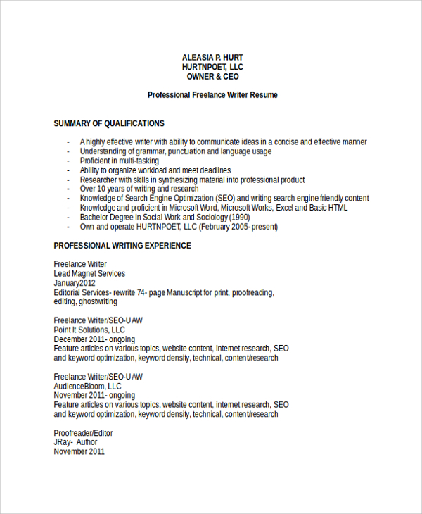 freelance content writer resume sample