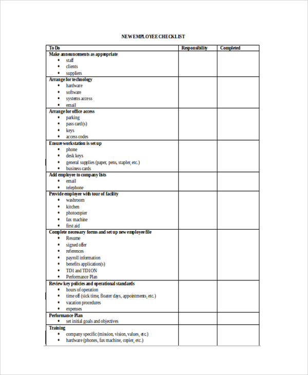 new employee checklist form template