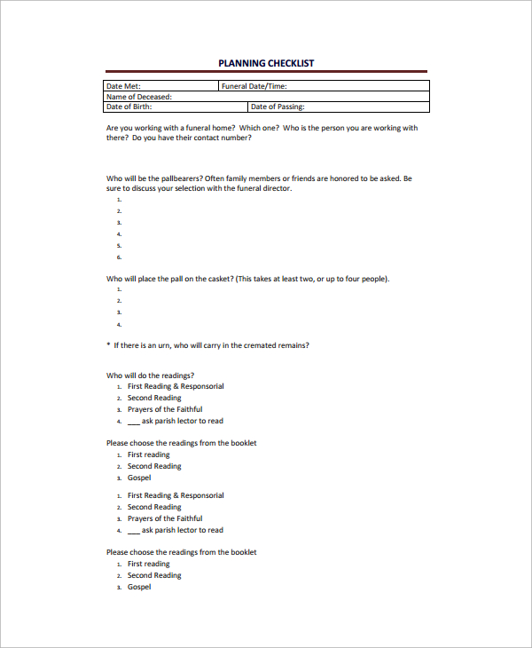 funeral program checklist