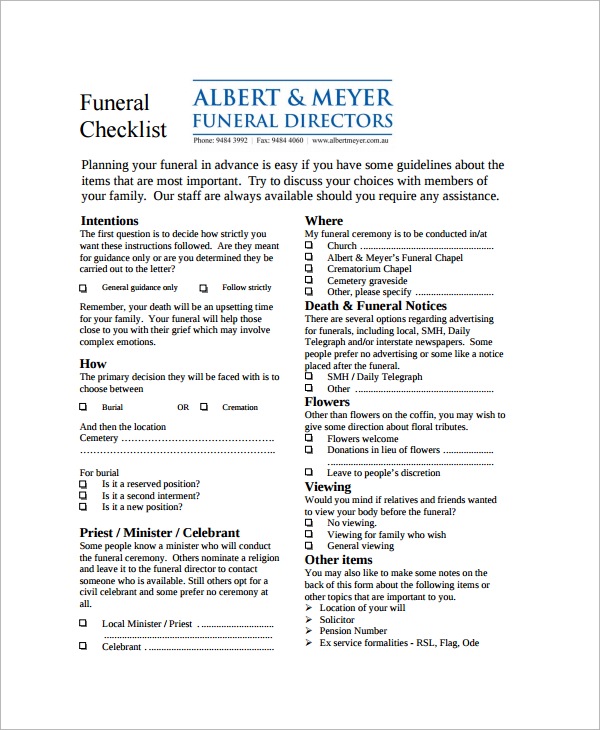 FREE 15 Sample Funeral Checklist Templates In Excel PDF Google 