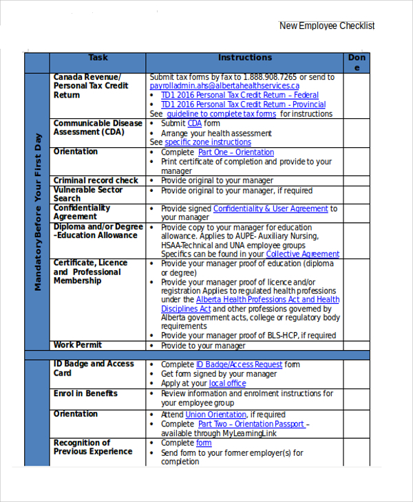 Employee Checklist Template Word