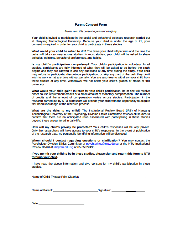 psychology parental consent form