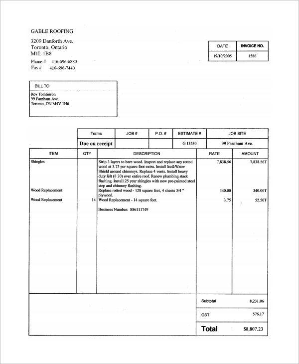 8 Roofing Invoice Templates Sample Templates